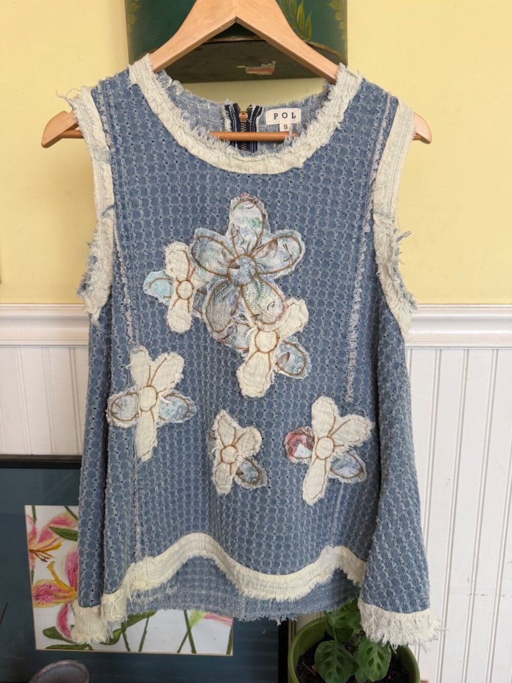 Boho Denim Patchwork Sleeveless Top With Floral Appliqué & Frayed Edges By POL S